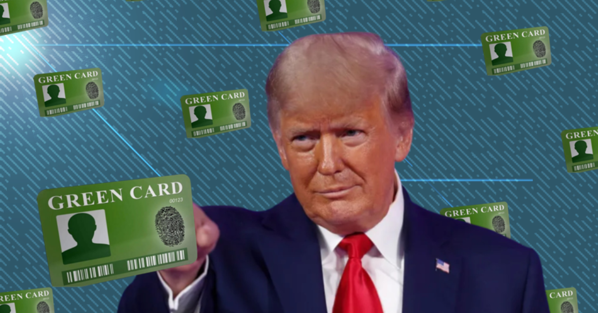 U.S. Capitol silhouette and green card icon symbolising policy changes under the Trump administration.