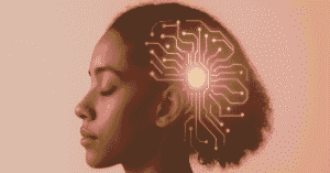 A woman with closed eyes and an abstract AI circuit glowing near her head, symbolizing technology and emotional wellness across cultures