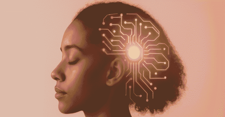 A woman with closed eyes and an abstract AI circuit glowing near her head, symbolizing technology and emotional wellness across cultures